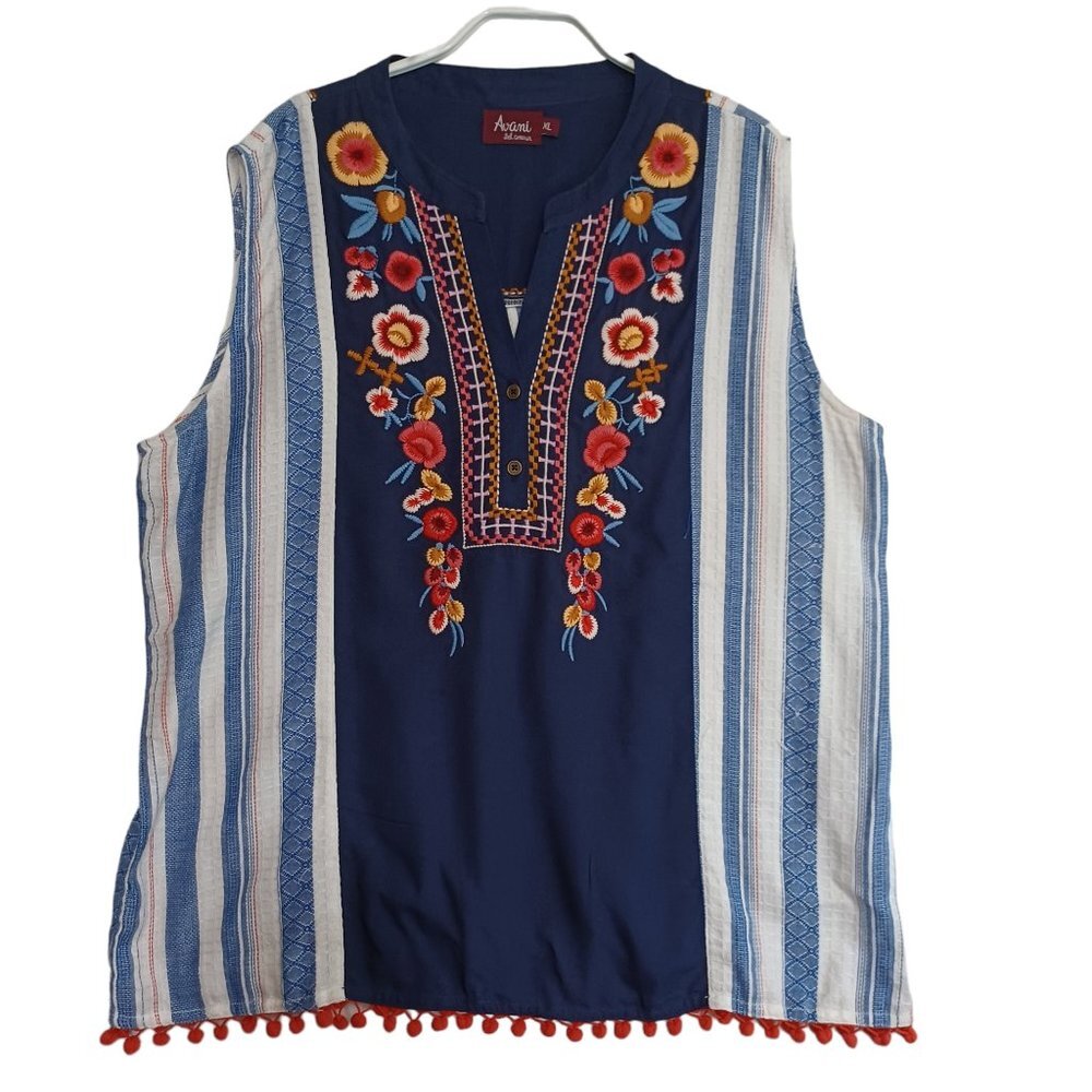 Avani del Amour Sleeveless Top Embroidered Striped Boho‎ Popover Womens X Large